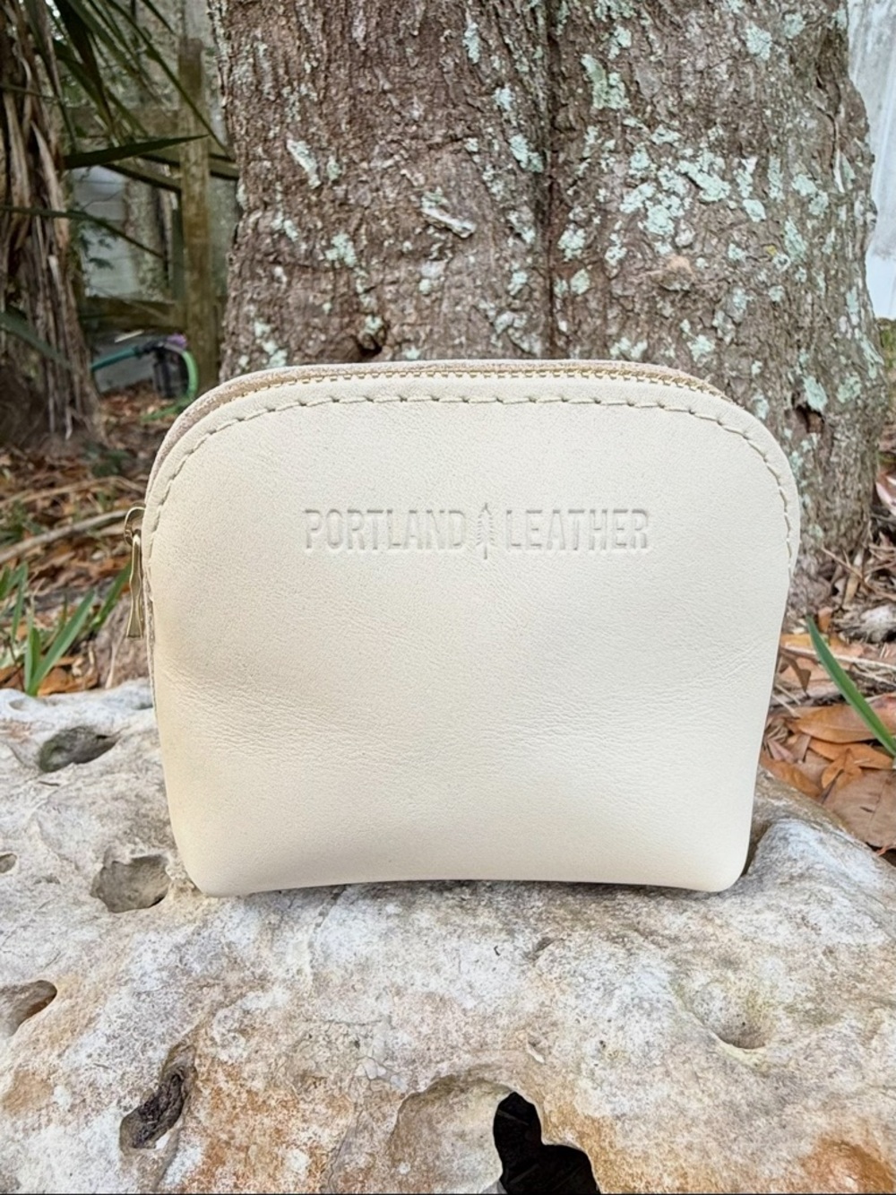 Portland leather Luna zip pouch in bone mini size
